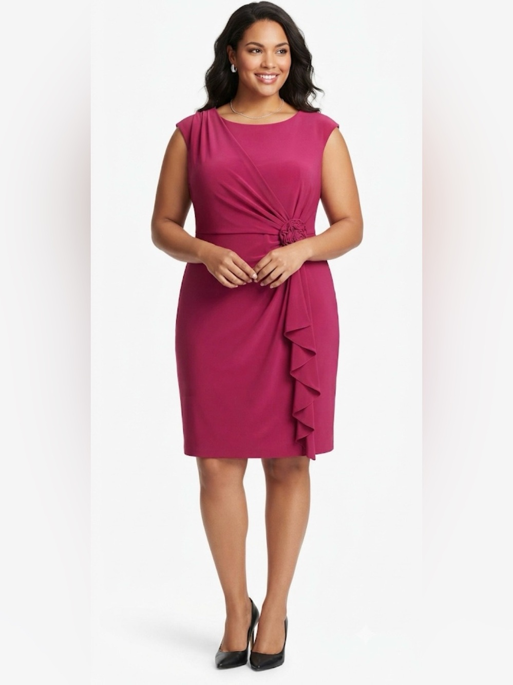 Midnight Velvet magenta sheath dress  asymmetric side fabric rosettes 16W